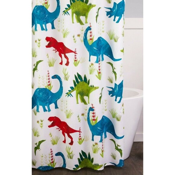 Dinosaurs Fabric Shower Curtain Brontosaurus Plants Bath Green Blue Red NWT - Picture 3 of 3